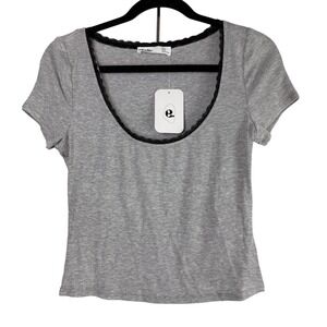 Elodie Grey Ribbed Top Lace Trim Scoop Neck Coquette Y2K Basic NWT Med